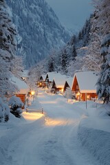 Wall Mural - A tranquil winter evening reveals a quiet village adorned with snow