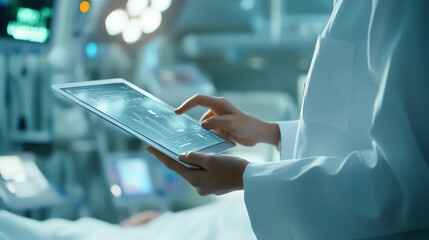 Doctor using a tablet to review a patient s digital medical records, hightech hospital environment, digital healthcare, modern medicine