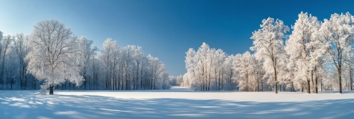 Winter landscape with frosted trees under clear blue sky in a serene outdoor setting