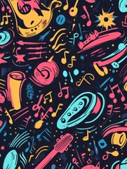 Poster - A lively collection of doodles showcases various musical instruments, notes, and sound waves, creating a vibrant and energetic atmosphere. Generative AI