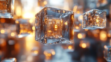 Poster - Floating glass cubes shimmer and reflect light in a captivating digital atmosphere, merging beauty and technology in a futuristic setting.