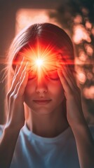 Wall Mural - Young woman with closed eyes touching her temples, suffering from a strong headache or migraine, with a red light flare in the middle of her forehead