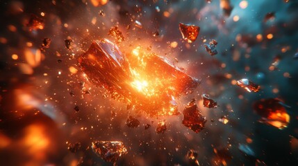 Fototapete - Bright orange and red crystals explode with energy, surrounded by glowing particles within a dynamic cosmic environment, creating a stunning visual spectacle.