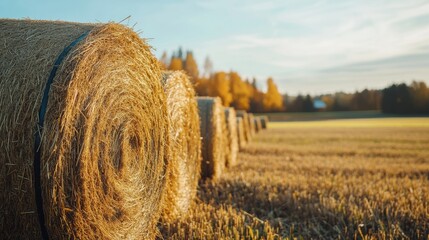 Poster - Stacks of harvested hay sit neatly in a vibrant fall setting, basking under the warm sunlight during autumn's peak. Generative AI
