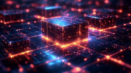 Leinwandbilder - A vibrant digital landscape showcases glowing cubes amidst a sea of lights, evoking a sense of advanced technology and futuristic design. The interplay of colors and shapes captivates the viewer.