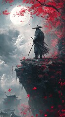 A lone warrior stands on a cliff under a full moon surrounded by vibrant red leaves at night