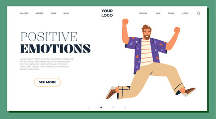happy man jumping with joy on a website interface design layout ideal for creative websites personal