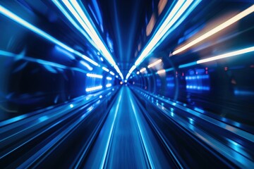 Wall Mural - A Blue and White Tunnel of Lights with a Moving Walkway