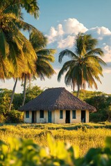 A charming two story house amid palm trees on a scenic dirt path in a tropical paradise