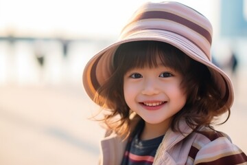 Portrait of cute little asian girl with hat on the beach