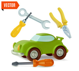 Poster - 3d Fix and Repair Concept Car and Tools Floating Around Cartoon Design Style. Vector illustration of Checking Auto