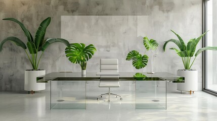 Wall Mural - Modern Office Interior Design with Glass Desk and Tropical Plants