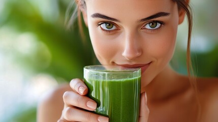 Young woman enjoying a green smoothie against a vibrant yellow background in a casual setting