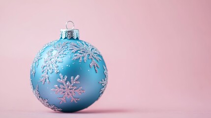 Poster - Blue Christmas ornament with glitter snowflake design on a pink background. Ideal for festive designs and holiday greetings.
