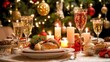 © lililia - A beautifully set table for a holiday dinner features sparkling drinks, warm candles, and an adorned Christmas tree glowing softly