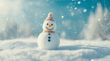 Poster - Joyous snowman with outstretched arms in morning winter light, ideal for holiday celebration themes.