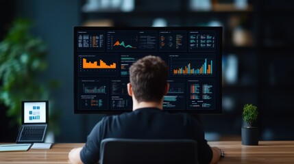 Business analyst working on multiple monitors with financial data and statistics. Studio shot.