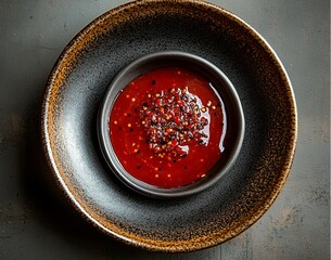 A rich and flavorful sauce is being drizzled from wooden spoon into dark bowl, showcasing its glossy texture and garnished with sesame seeds. This delicious sauce adds delightful touch to any dish