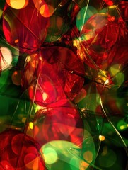 Aufkleber - Vivid red, green, and golden hues blend together, showcasing an abstract view of Christmas ornaments and sparkling lights. Generative AI