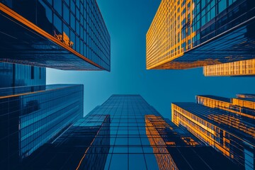 Looking up at modern skyscrapers against a blue sky with reflections and clouds during sunset