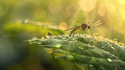 Wall Mural - Mosquito on Dewy Leaf