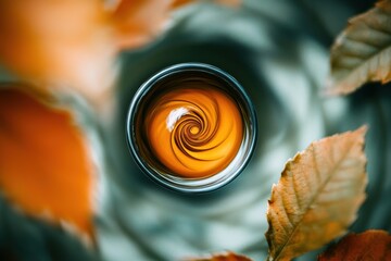 Poster - Tea leaves gently spiral in a cup, blending warm colors with surrounding autumn leaves, evoking a calm, cozy ambiance. Generative AI