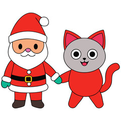 Sticker - Cute Cat and Santa Claus Christmas Vector Art.