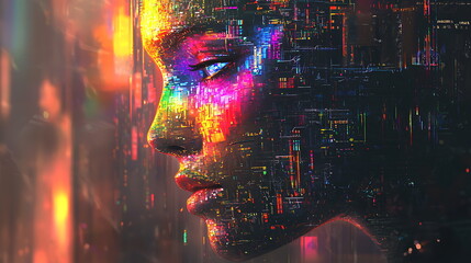 Aufkleber - Vibrant abstract human profile embodying neon data patterns and digital interactions in a futuristic landscape