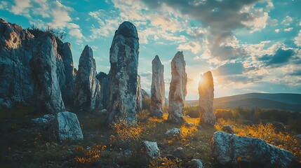 Aufkleber - Ancient stone formations silhouetted against a vibrant sunset sky a mesmerizing display of nature's beauty and history