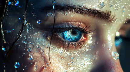 Poster - Captivating closeup of a woman's eye adorned with glimmering water droplets reflecting light and emotion
