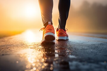 A jogger running on a wet road during sunrise in a serene landscape