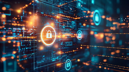 Leinwandbilder - Exploring the future of digital security innovative cybersecurity locks with glowing effects on a blue background