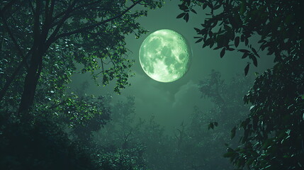 Poster - Eerie full moon illuminating the forest canopy a mysterious nighttime escape into nature's enchantment
