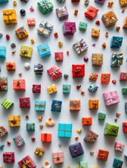 Poster - A delightful collection of brightly colored gift boxes of different sizes, artistically placed together, perfect for celebrations and surprises. Generative AI