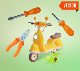 Poster - 3d Scooter Fix and Repair Concept Floating Pliers and Screwdriver Cartoon Design Style. Vector illustration of Vehicle Diagnostic