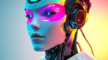 Poster - Exploring the future a futuristic robotic woman embodying vibrant neon accents and advanced technology in art