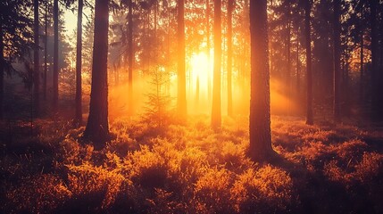 Poster - A magical forest illuminated by two radiant suns casting a warm glow through the trees and creating ethereal light rays