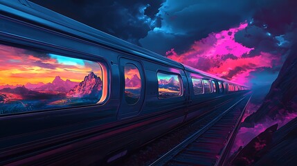 Poster - A journey through dreamlike landscapes on a futuristic train exploring the intersection of technology and nature in a vivid world