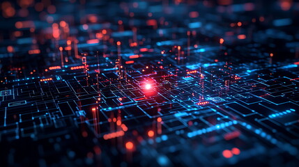 Aufkleber - Exploring the intricacies of an abstract digital landscape illuminated by bright glowing nodes and circuits in a technological realm