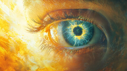 Poster - Exploring the depths of perception an abstract representation of an eye intertwined with fiery elements and emotion