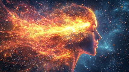Poster - Exploring the cosmic connection an abstract human profile radiating energy and enlightenment in the universe