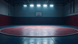 © Aksana - Basketball court with circular wrestling mat in dimly lit gymnasium