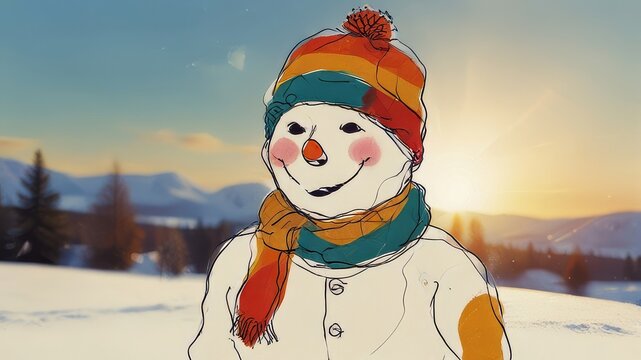 Winter holiday banner - Close-up of a laughing snowman in a wool hat and scarf, on a snowy landscape with bokeh lights and sunlight