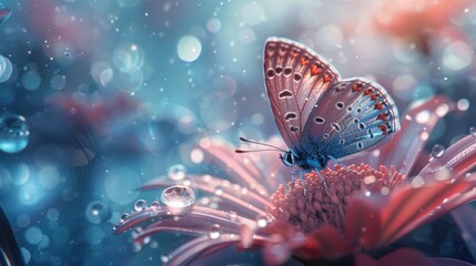 Canvas Print - Butterfly on Flower with Dew Drops