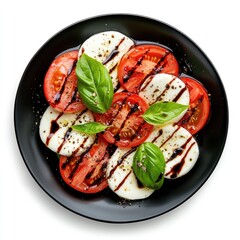 Fresh Caprese Salad with Sliced Tomatoes, Mozzarella, Basil, and Balsamic Glaze on Black Plate