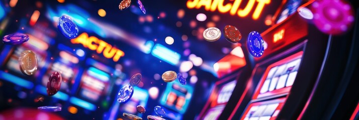 Poster - a burst of coins and poker chips erupts into the air as the slot machine celebrates a big jackpot wi