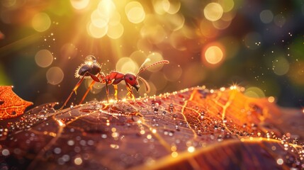 Poster - Ant on a Leaf with Dewdrops and Sun