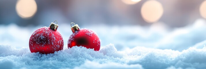 Poster - Two red Christmas baubles covered in snow resting on a frosty surface. Perfect for Christmas and New Year.