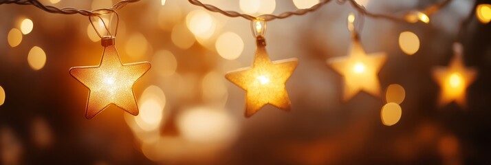 Poster - Golden star-shaped Christmas lights glowing against a warm, bokeh background. Festive decoration and holiday season ambiance.