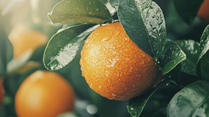 Close-Up of Fresh Orange on Tree with Water Droplets